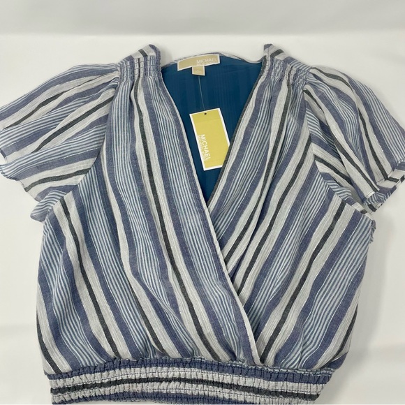 Michael Kors Women’s Short Sleeve Faux Wrap Dress Dark Chambray Blue Stripes Lg - Picture 5 of 11